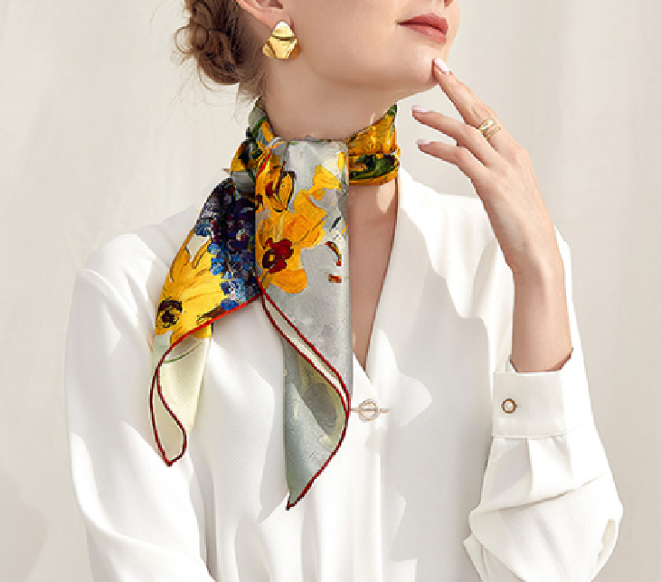 Silk satin scarf  Yellow flower